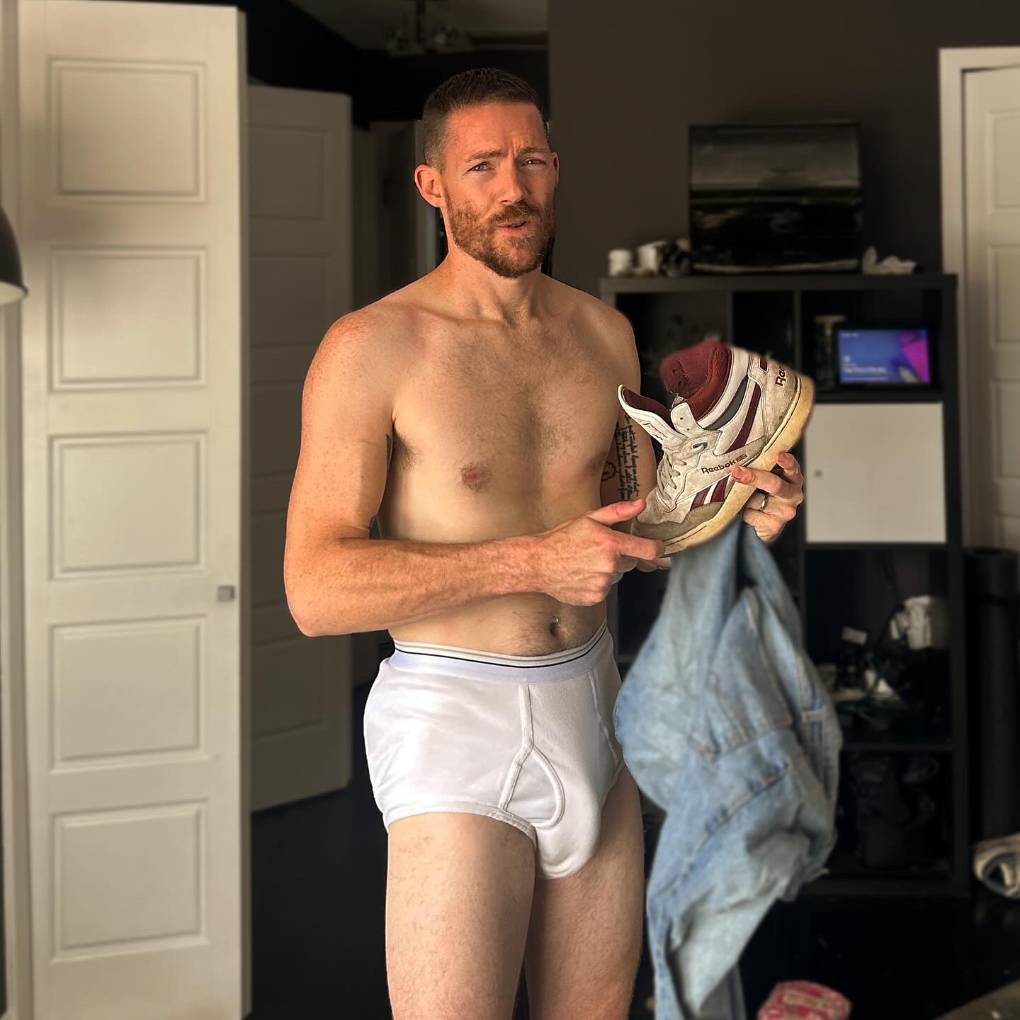 Xander McKee in white briefs